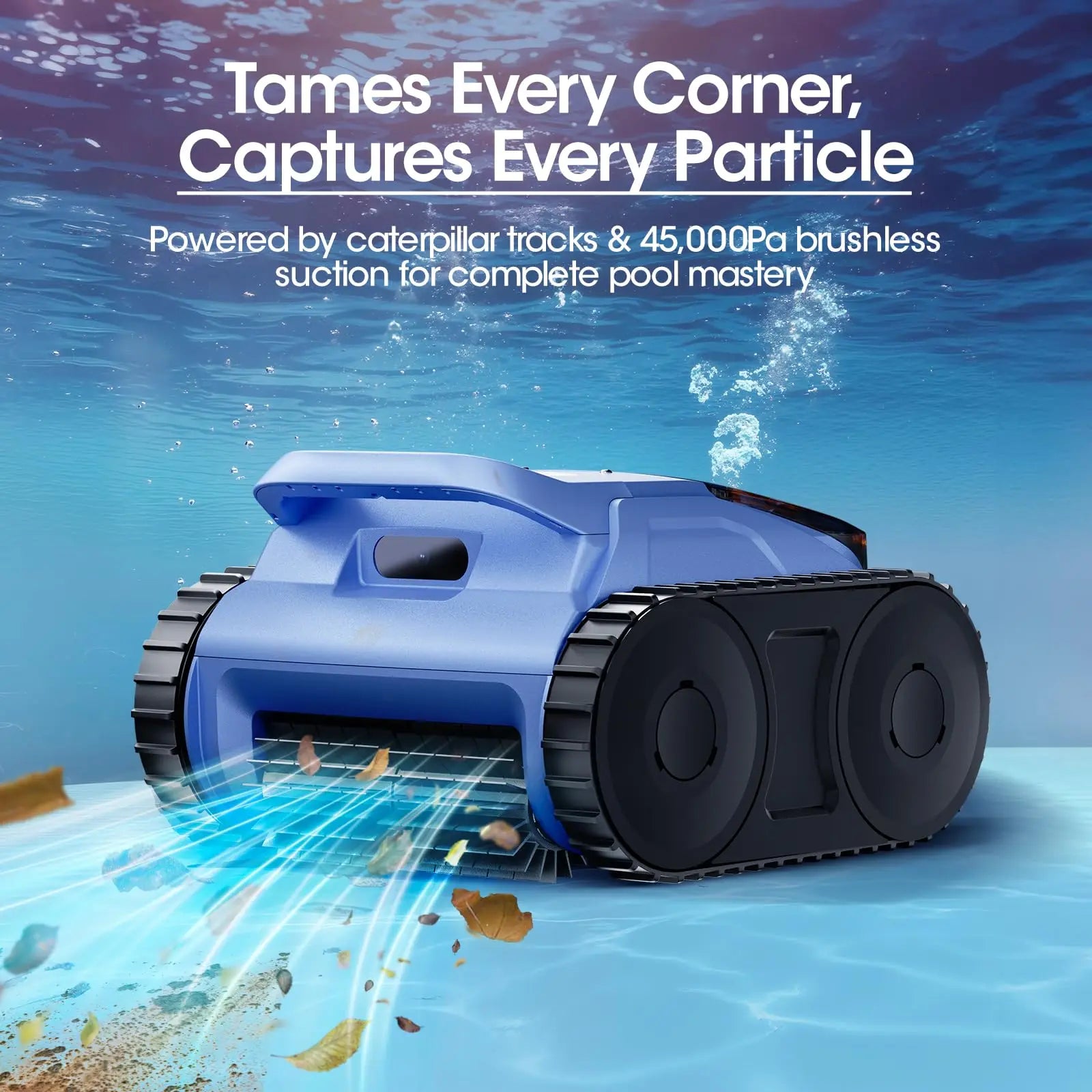 Seauto Cordless Robotic Pool Vacuum with Track Drive & Sonar Navigation, 180W Brushless Motor, Wall Climbing, 150-Min Runtime.