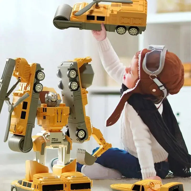 Child playing with a Magnetic Engineering Car transforming into a robot with construction vehicles.