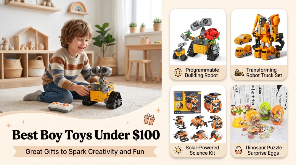 An editorial gift guide banner titled 'Best Boy Toys Under $100: Great Gifts to Spark Creativity and Fun'.