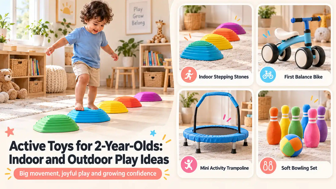Active toys for 2-year-olds featuring indoor stepping stones, a first balance bike, mini trampoline and soft bowling set for indoor and outdoor play