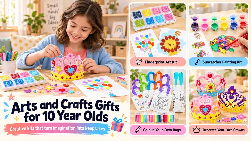 Child drawing with coloured pencils, paper crafts and painted creations on a craft table