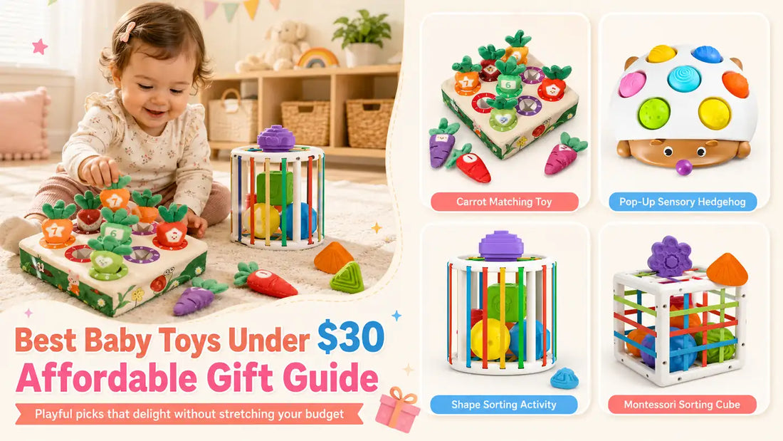 Baby playing with carrot-matching and shape-sorting toys featured in an affordable gift guide
