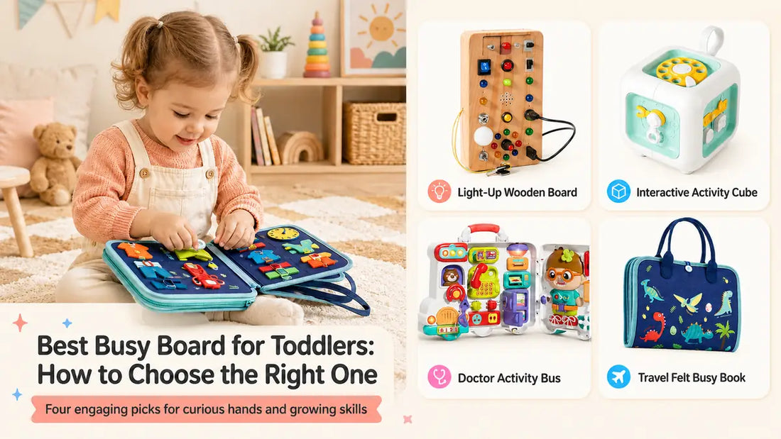 Toddler using a felt busy book beside wooden, electronic, cube and travel busy board formats
