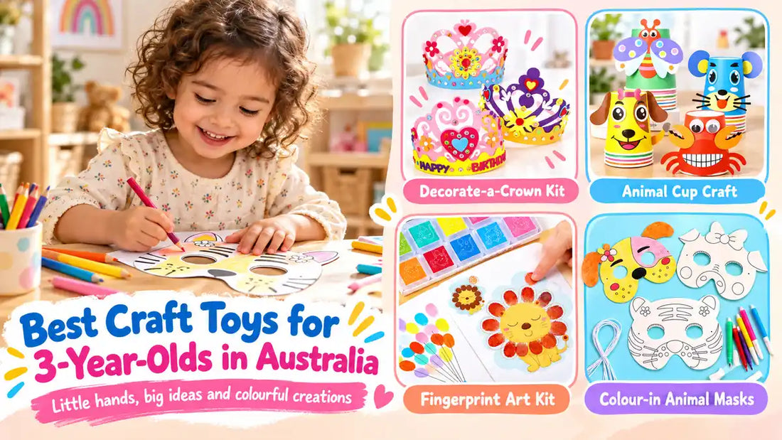 Child colouring a craft mask beside examples of creative activities for three-year-olds