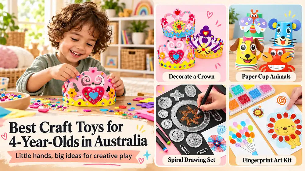 Child decorating a paper crown beside four craft activity ideas for 4-year-old
