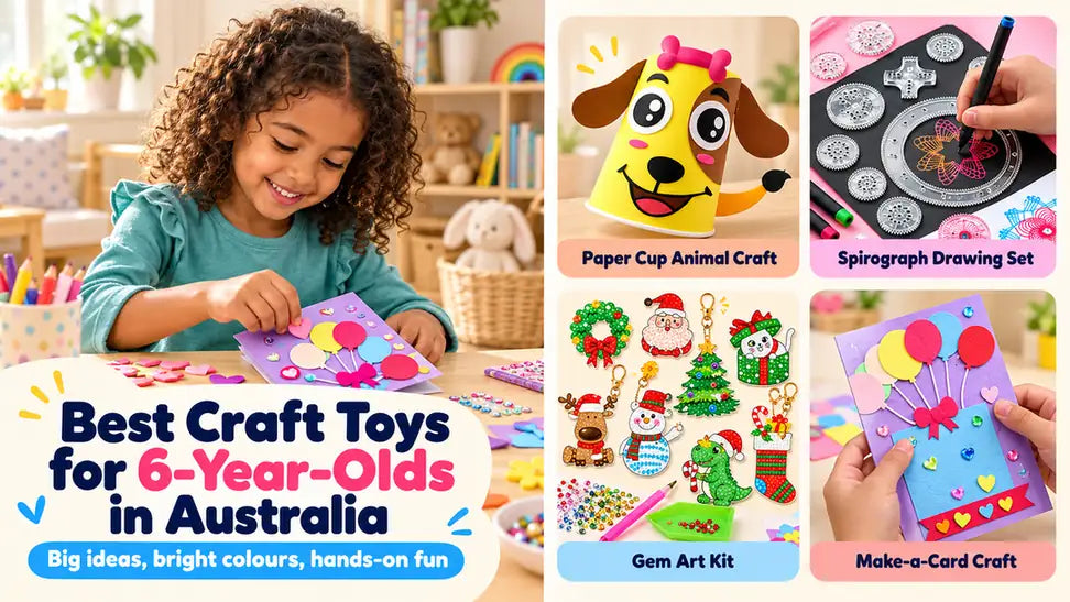 Craft activities for six-year-olds, including paper cup animals, spirograph drawing, gem art and handmade cards
