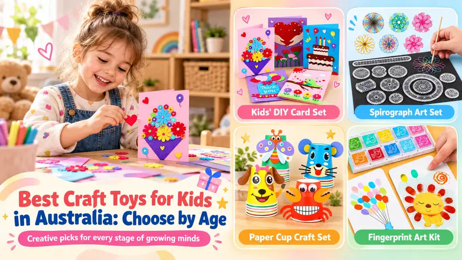 Child making a greeting card beside four craft activity examples: cards, spirograph art, paper cup crafts and fingerprint painting