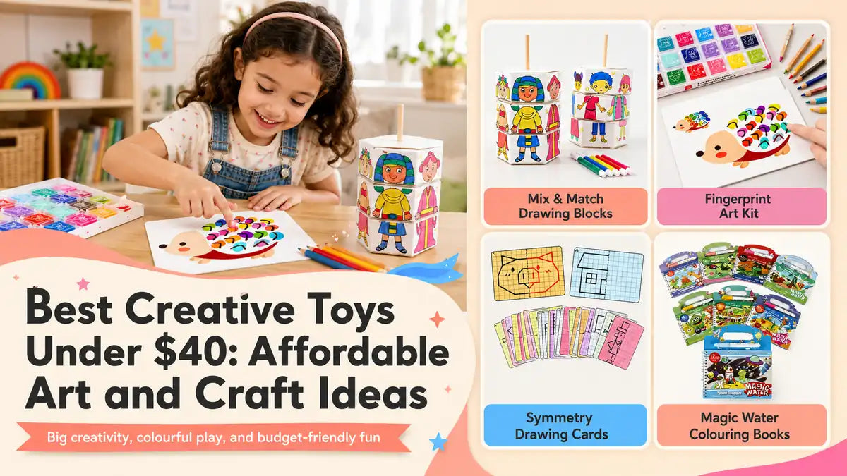 Child exploring affordable creative toys including fingerprint art, drawing blocks, symmetry cards and reusable water colouring books