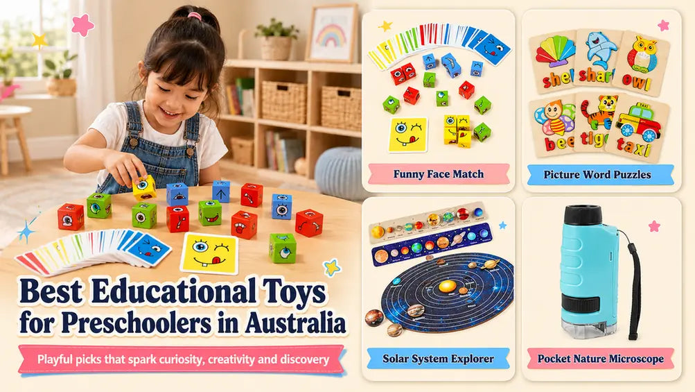Preschooler exploring educational toys including matching games, puzzles, a solar system activity and a microscope