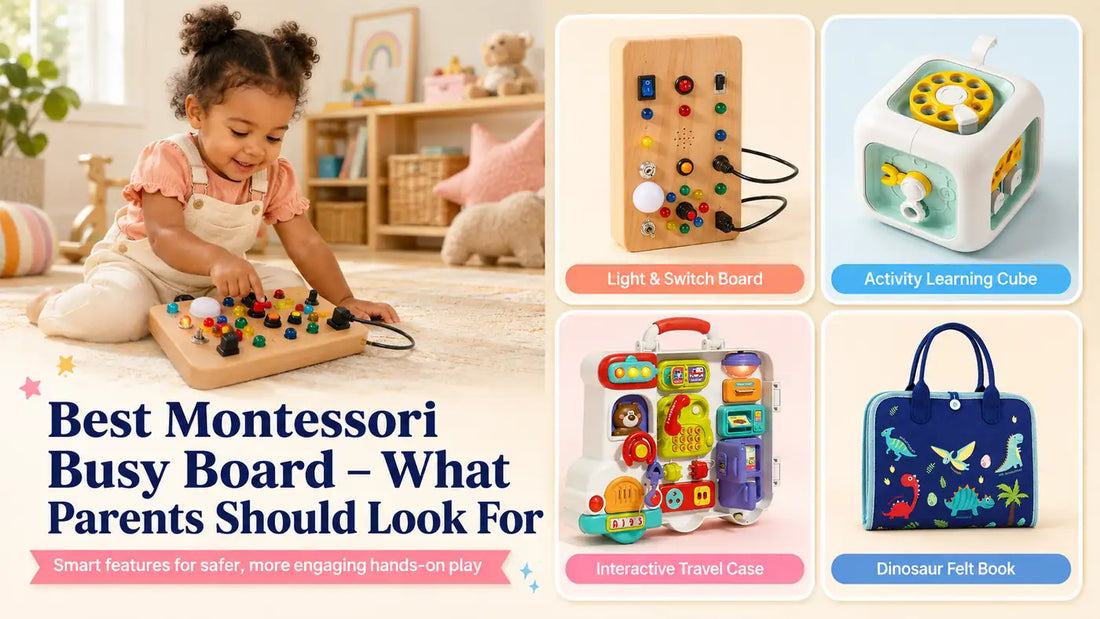 Child using a light and switch busy board beside four Montessori-style busy board formats