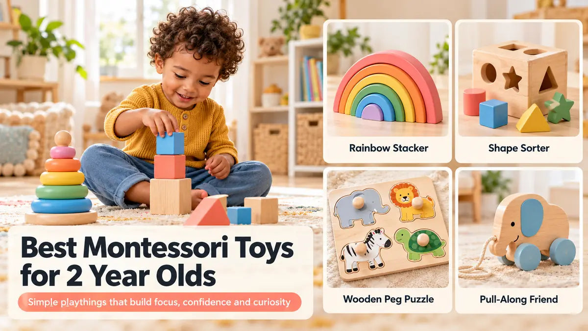 Child stacking wooden blocks beside illustrations of a stacker, shape sorter, peg puzzle and pull-along toy
