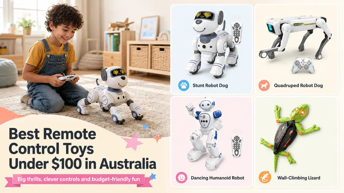 Child controlling a robot dog beside robot, wall-climbing and remote control toy examples under 100 dollars