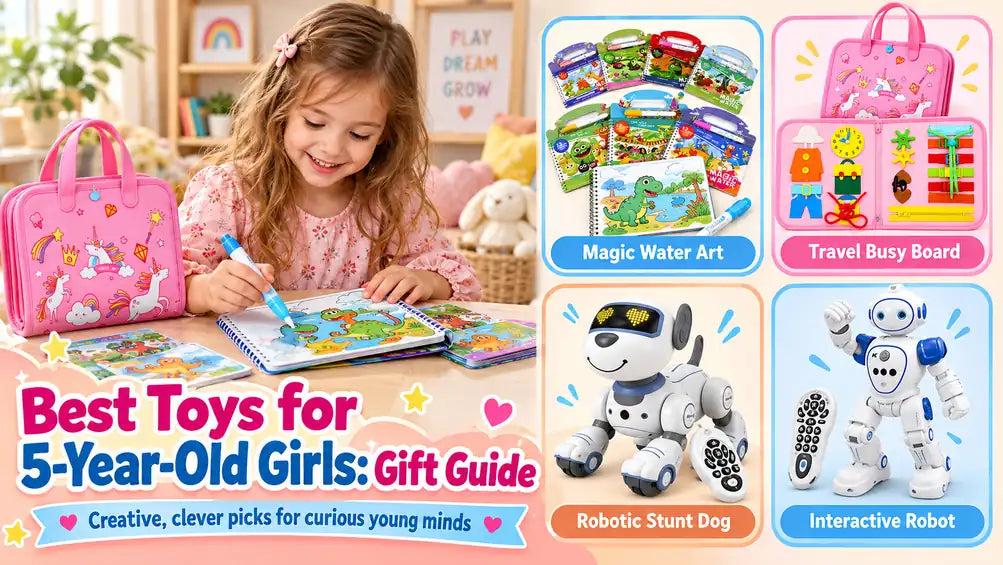 Gift guide graphic showing a child using a water art book alongside art, busy board and robot toy images