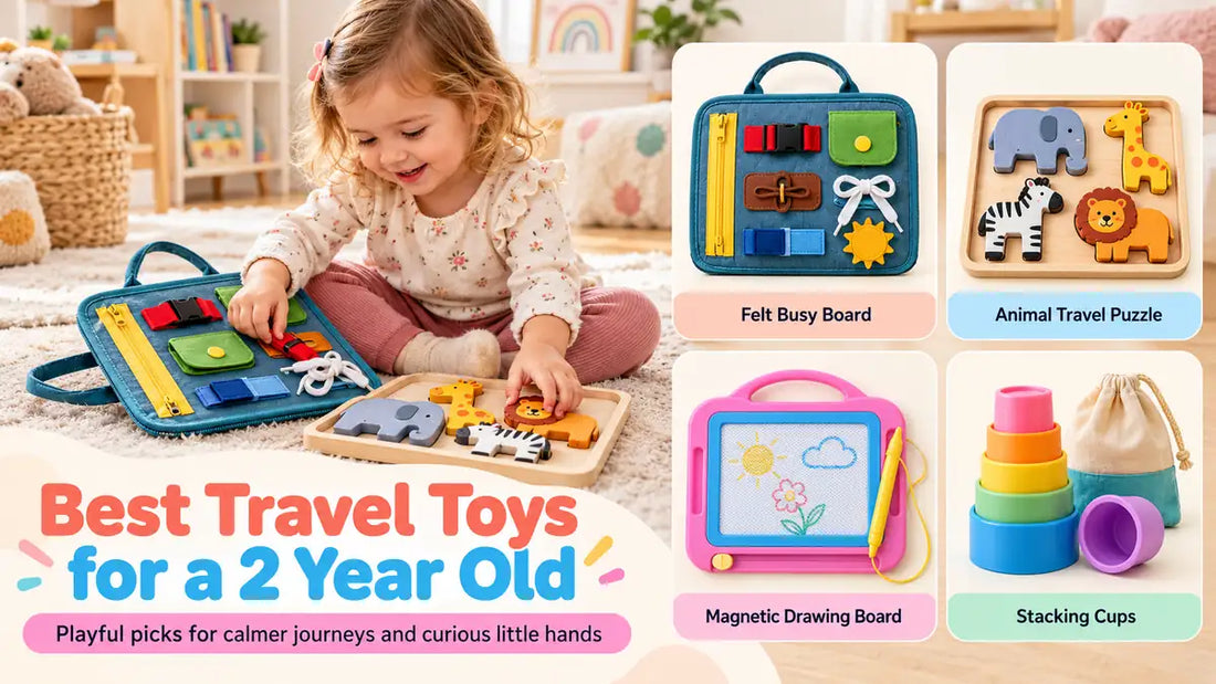 Toddler playing with a felt activity board and animal puzzle beside four travel toy examples