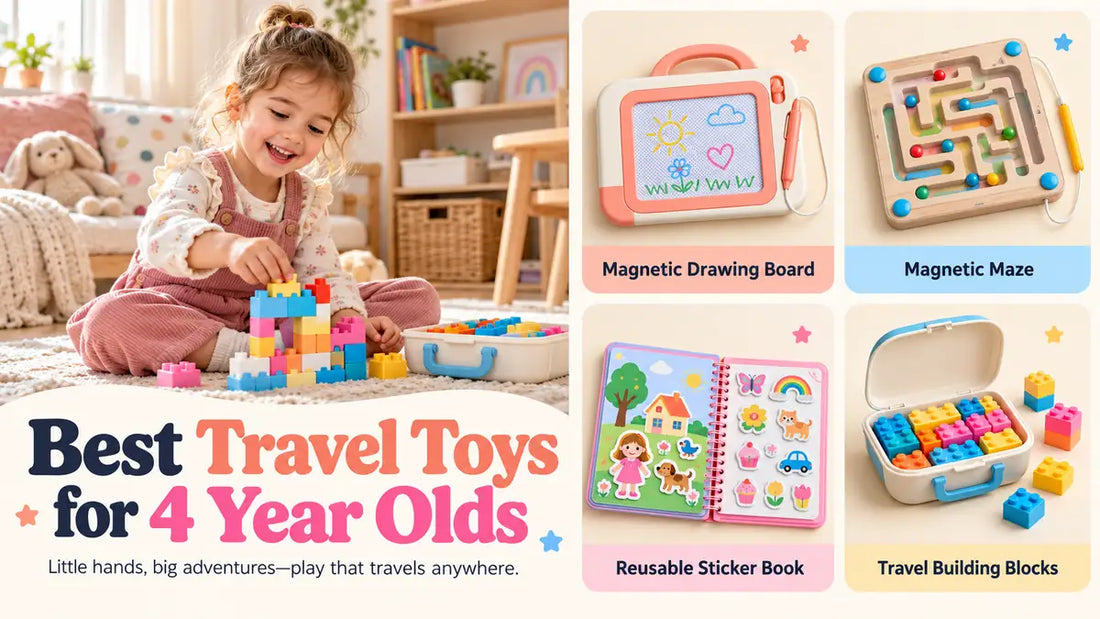 Child playing with blocks beside examples of a drawing board, magnetic maze, sticker book and travel building set