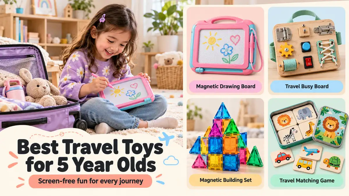 Child drawing beside a packed suitcase, with examples of four screen-free travel toys