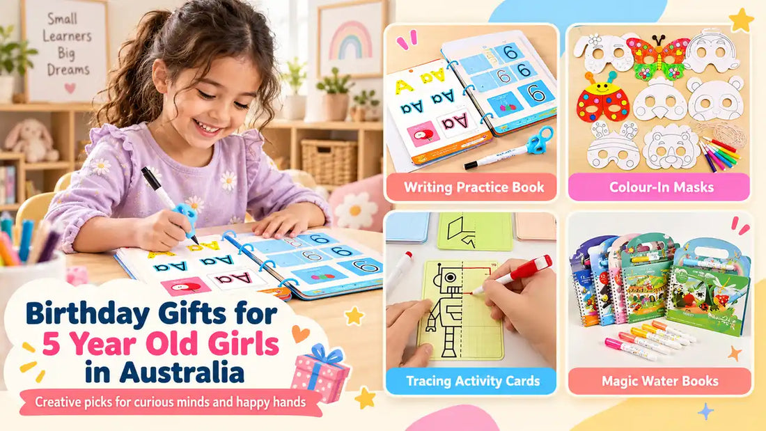 Birthday gift ideas for 5 year old girls in Australia – writing practice book, colour-in masks, tracing activity cards and magic water books