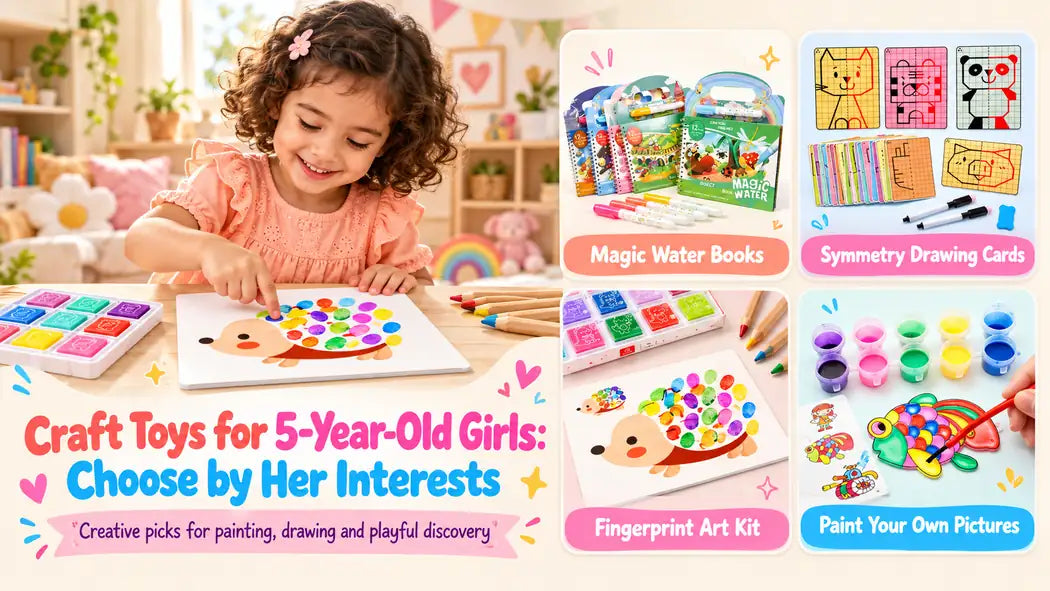 Girl making fingerprint art alongside examples of drawing and painting crafts