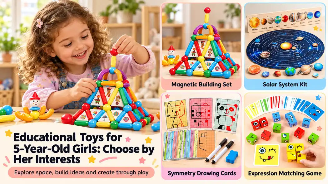 Educational toy activities for five-year-old girls, including building, drawing and matching games