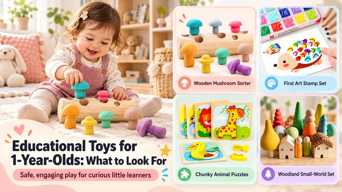 Toddler playing with a wooden mushroom sorter beside illustrated sorting, art, puzzle and small-world toy examples