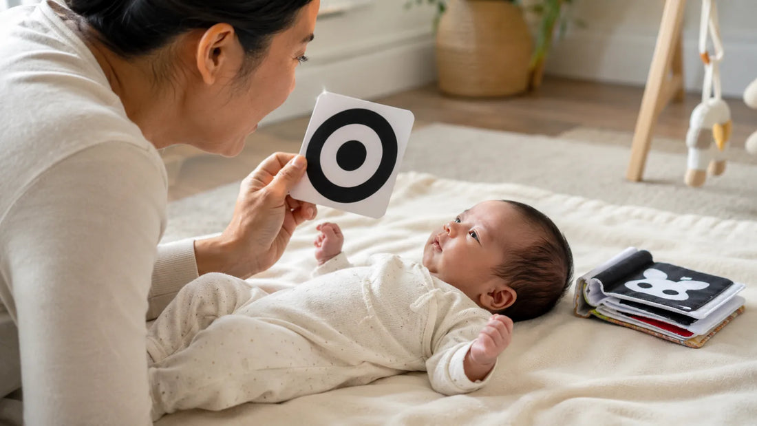 Adult showing a high-contrast black-and-white card to an awake newborn during supervised play