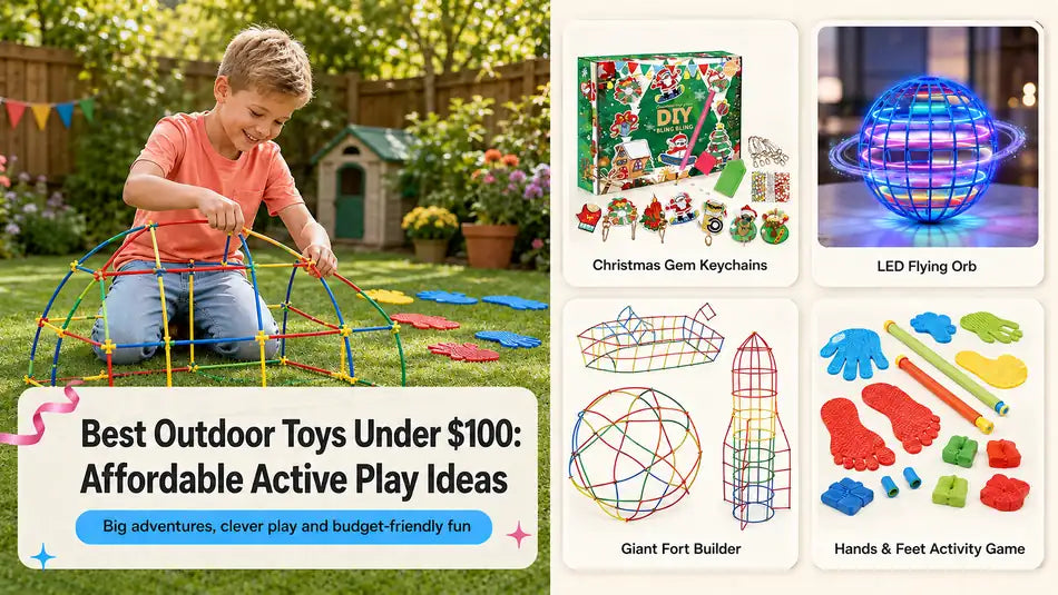 Child building a giant outdoor fort beside flying, construction, craft and movement toy examples under 100 dollars