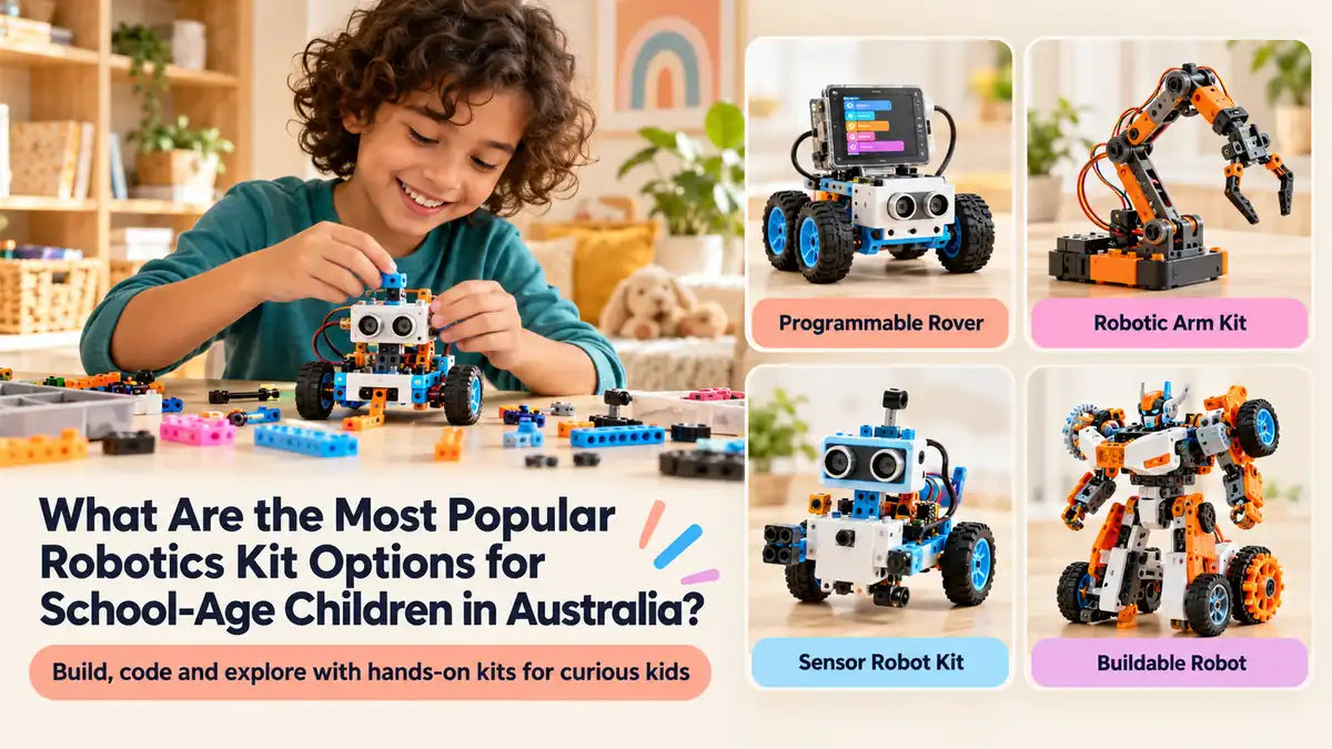 Child assembling a wheeled robot beside illustrations of four robotics kit types