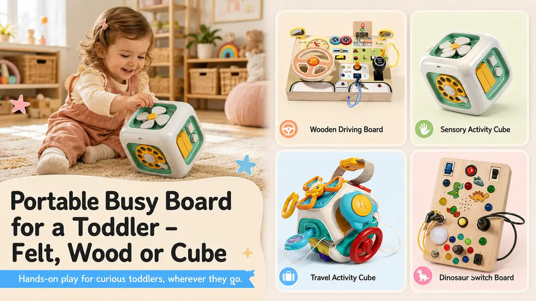 Toddler playing with a sensory activity cube beside four portable busy board formats