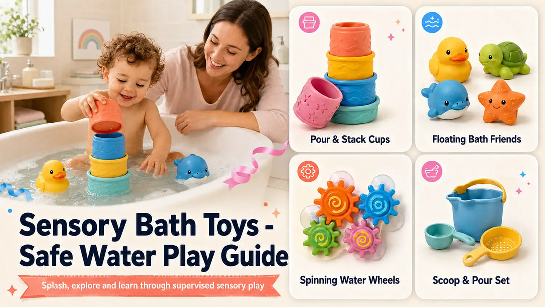 Child playing with stacking cups and floating bath toys under close adult supervision