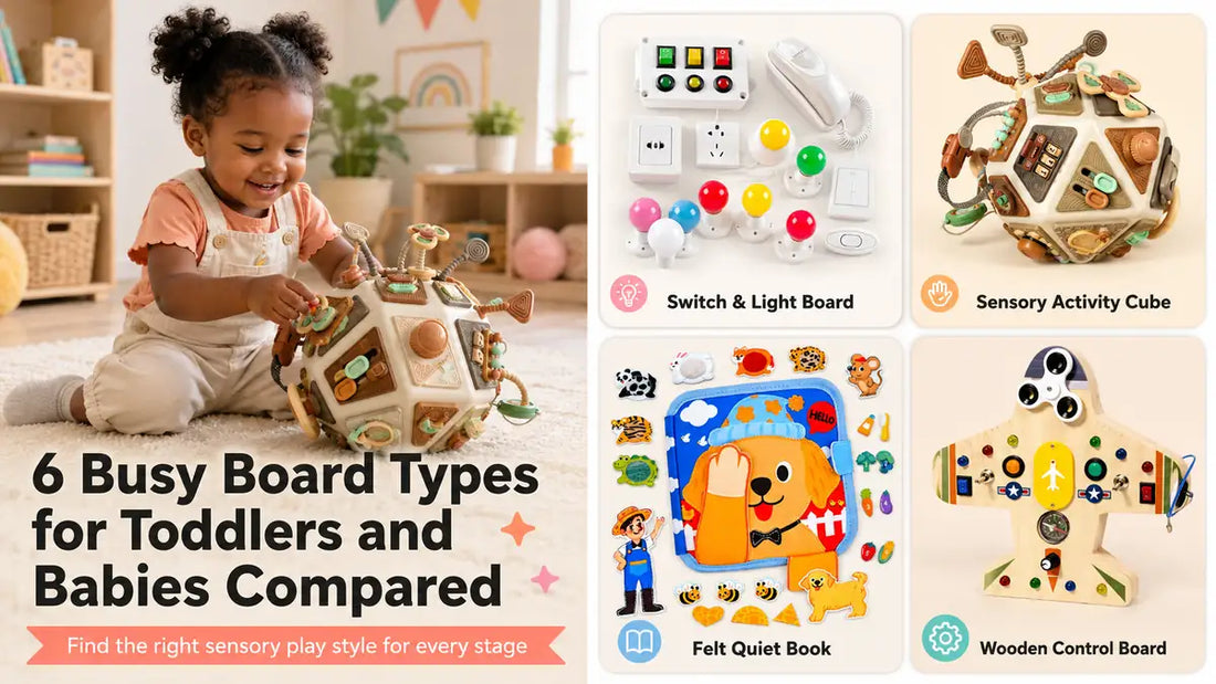 Toddler using an activity cube beside electronic, felt, sensory and wooden busy board formats