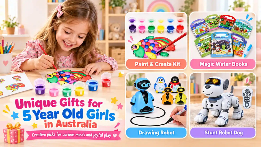 Unique gifts for 5 year old girls in Australia — Toys4us picks including a paint and create kit, magic water books, drawing robot and stunt robot dog