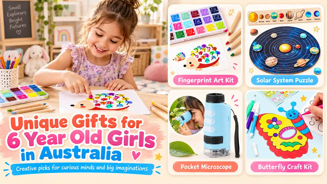 Unique gift ideas for 6 year old girls in Australia including fingerprint art kit, solar system puzzle, pocket microscope and butterfly craft kit