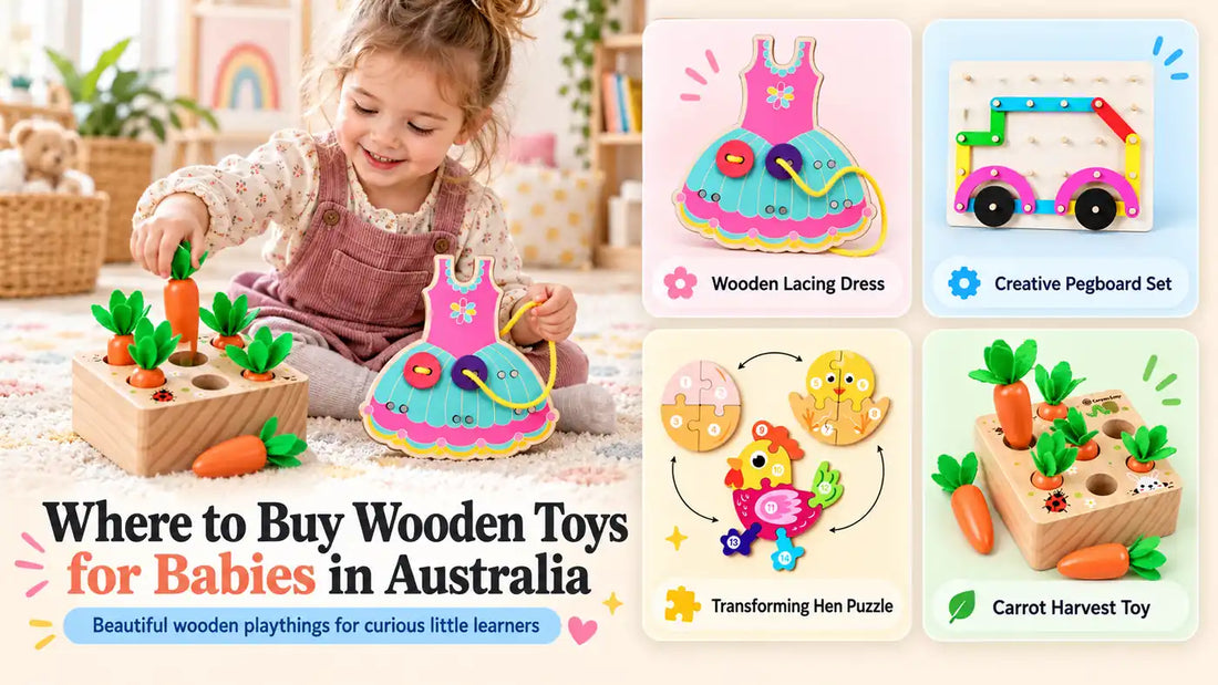 Young child playing with colourful wooden lacing, pegboard, puzzle and carrot-harvest toys