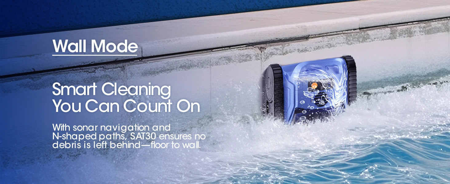 Seauto Cordless Robotic Pool Vacuum with Track Drive & Sonar Navigation, 180W Brushless Motor, Wall Climbing, 150-Min Runtime.
