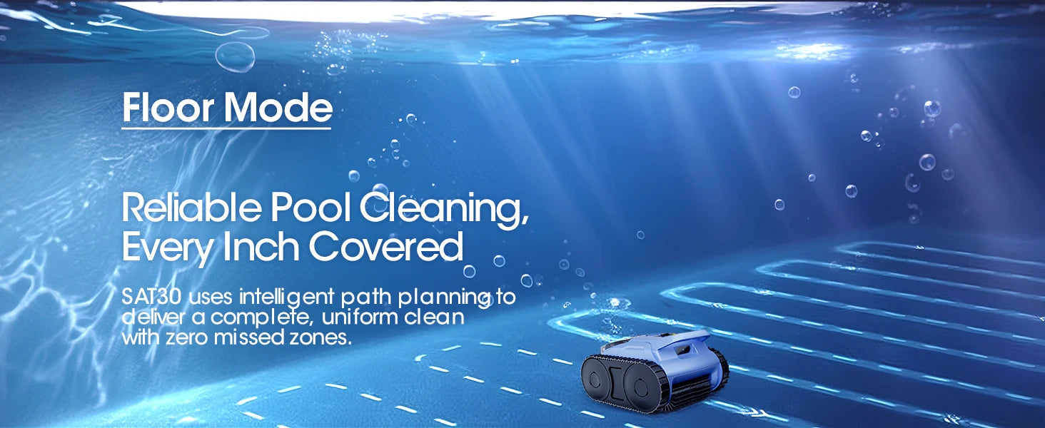 Seauto Cordless Robotic Pool Vacuum with Track Drive & Sonar Navigation, 180W Brushless Motor, Wall Climbing, 150-Min Runtime.