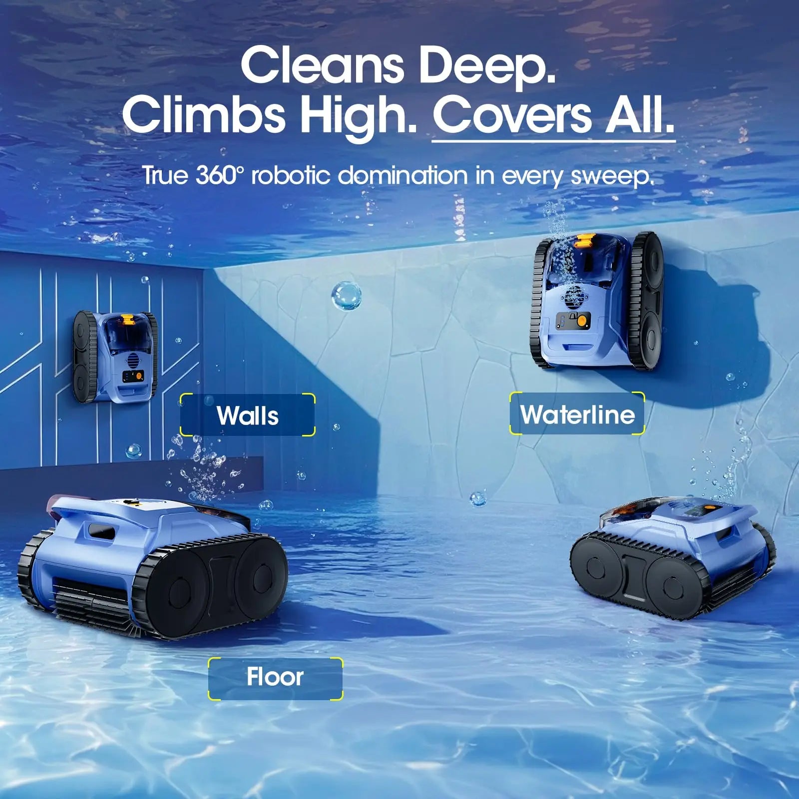 Seauto Cordless Robotic Pool Vacuum with Track Drive & Sonar Navigation, 180W Brushless Motor, Wall Climbing, 150-Min Runtime.