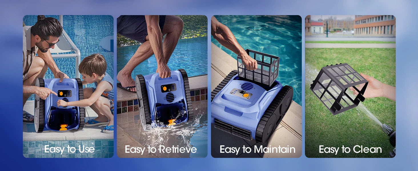 Seauto Cordless Robotic Pool Vacuum with Track Drive & Sonar Navigation, 180W Brushless Motor, Wall Climbing, 150-Min Runtime.