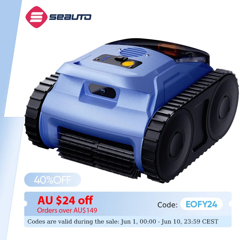Seauto Cordless Robotic Pool Vacuum with Track Drive & Sonar Navigation, 180W Brushless Motor, Wall Climbing, 150-Min Runtime.