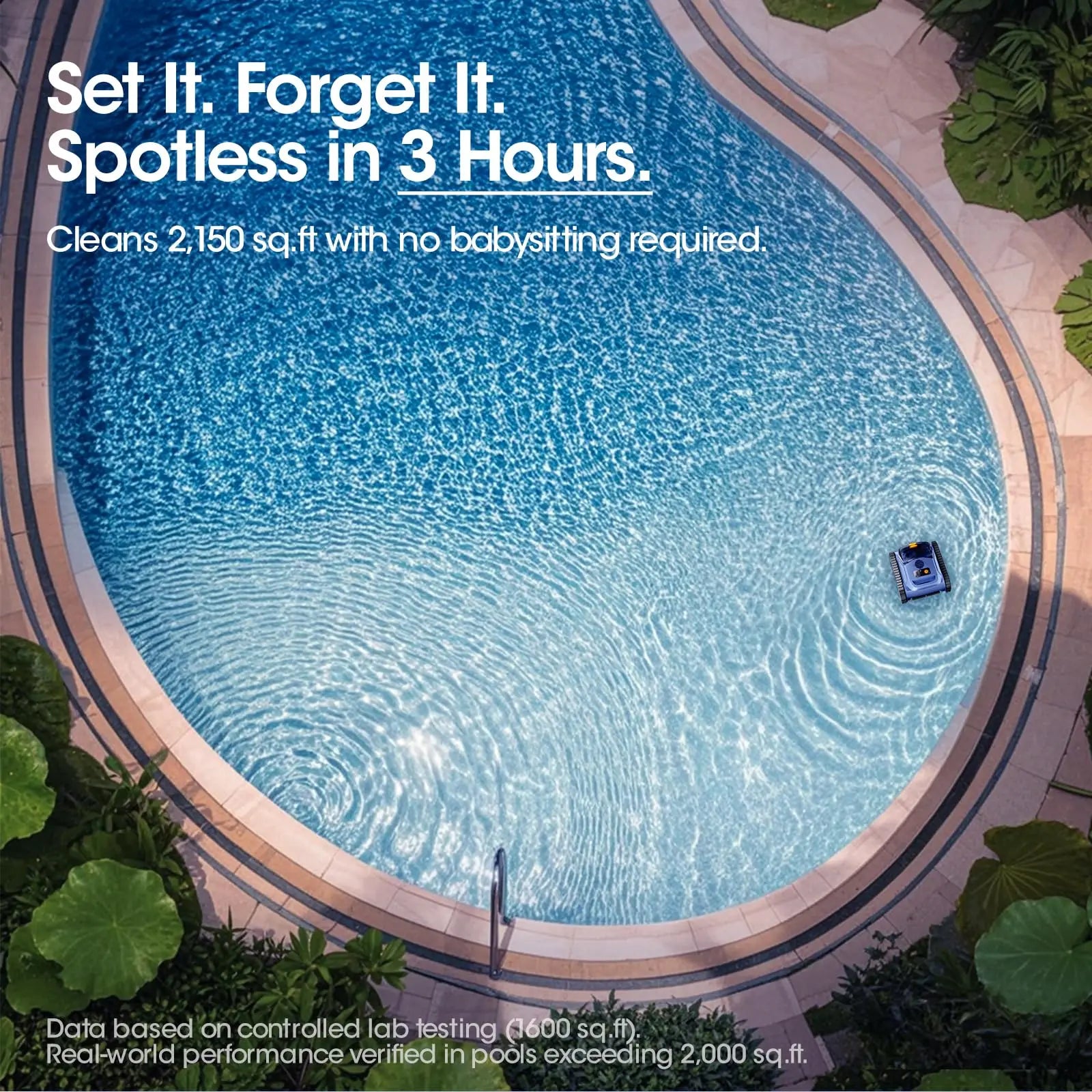 Seauto Cordless Robotic Pool Vacuum with Track Drive & Sonar Navigation, 180W Brushless Motor, Wall Climbing, 150-Min Runtime.