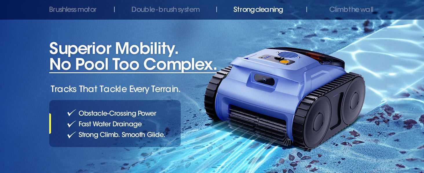 Seauto Cordless Robotic Pool Vacuum with Track Drive & Sonar Navigation, 180W Brushless Motor, Wall Climbing, 150-Min Runtime.