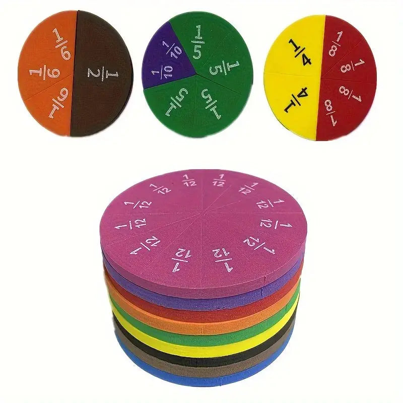 Colour-coded EVA foam fraction circles with printed fractions, shown beside a stack of the full circles