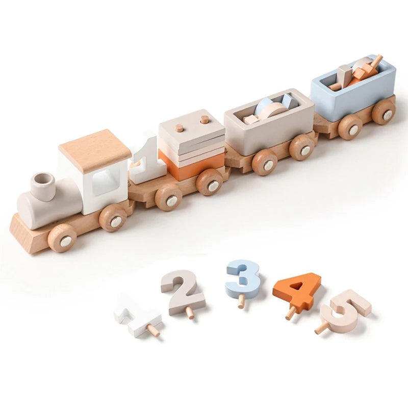 Montessori Wooden Train Toy with Numbers & Blocks