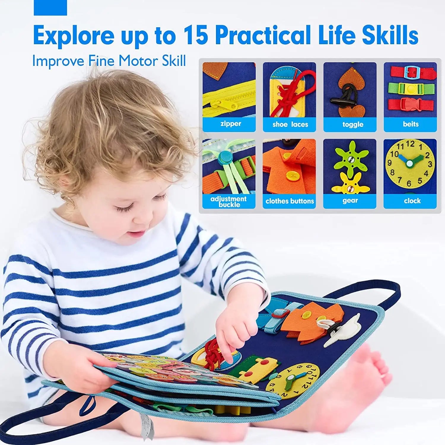 Baby Busy Board Montessori Parish Surface Activity Fine Motor Handmade Button Zip Buckle Sensory Toy Practical Life Toddler Gift