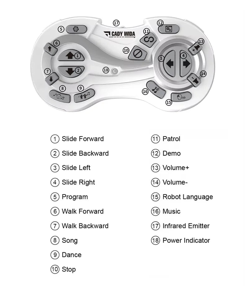 Numbered guide to the Emo Robot remote controls