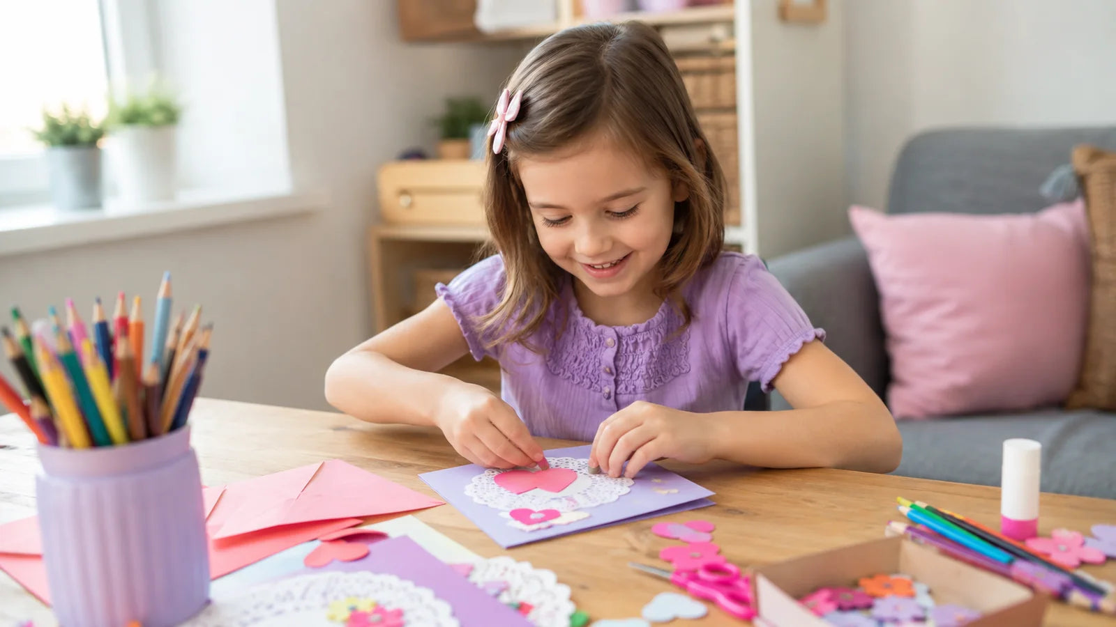 Young girl gluing paper hearts onto a handmade greeting card craft project