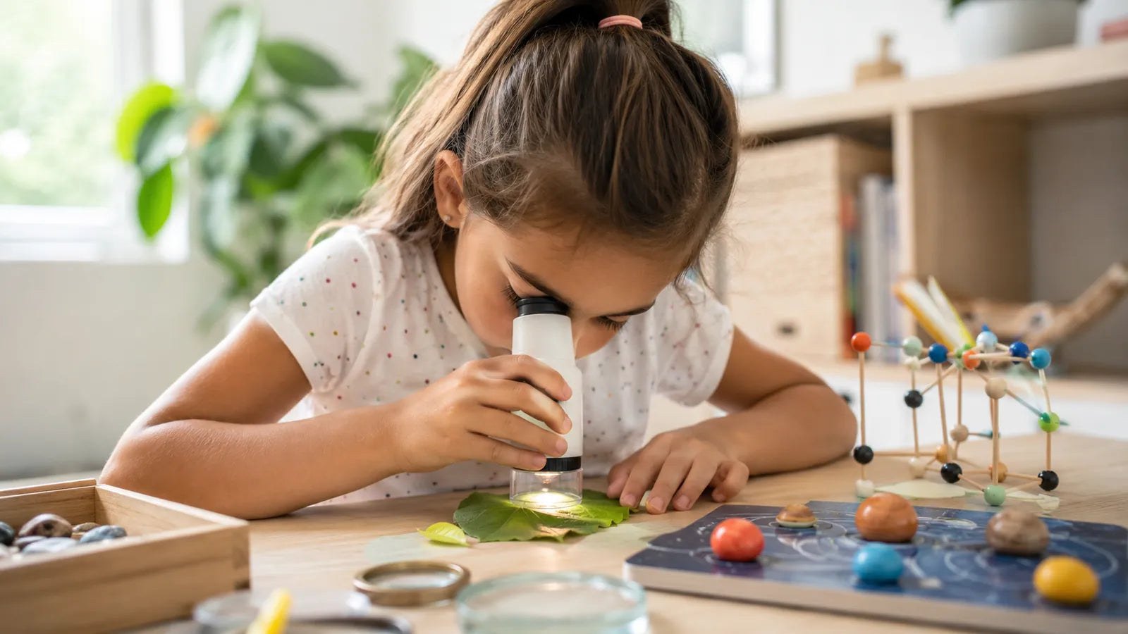 Young girl using a blue pocket microscope to examine a leaf on a wooden table